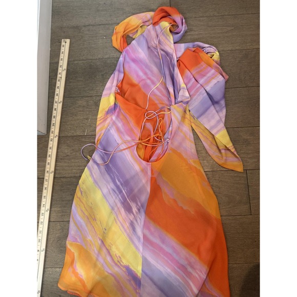 For Love & Lemons Dress Womens Large Orange Purple Halter Open Back Watercolor - Picture 4 of 5